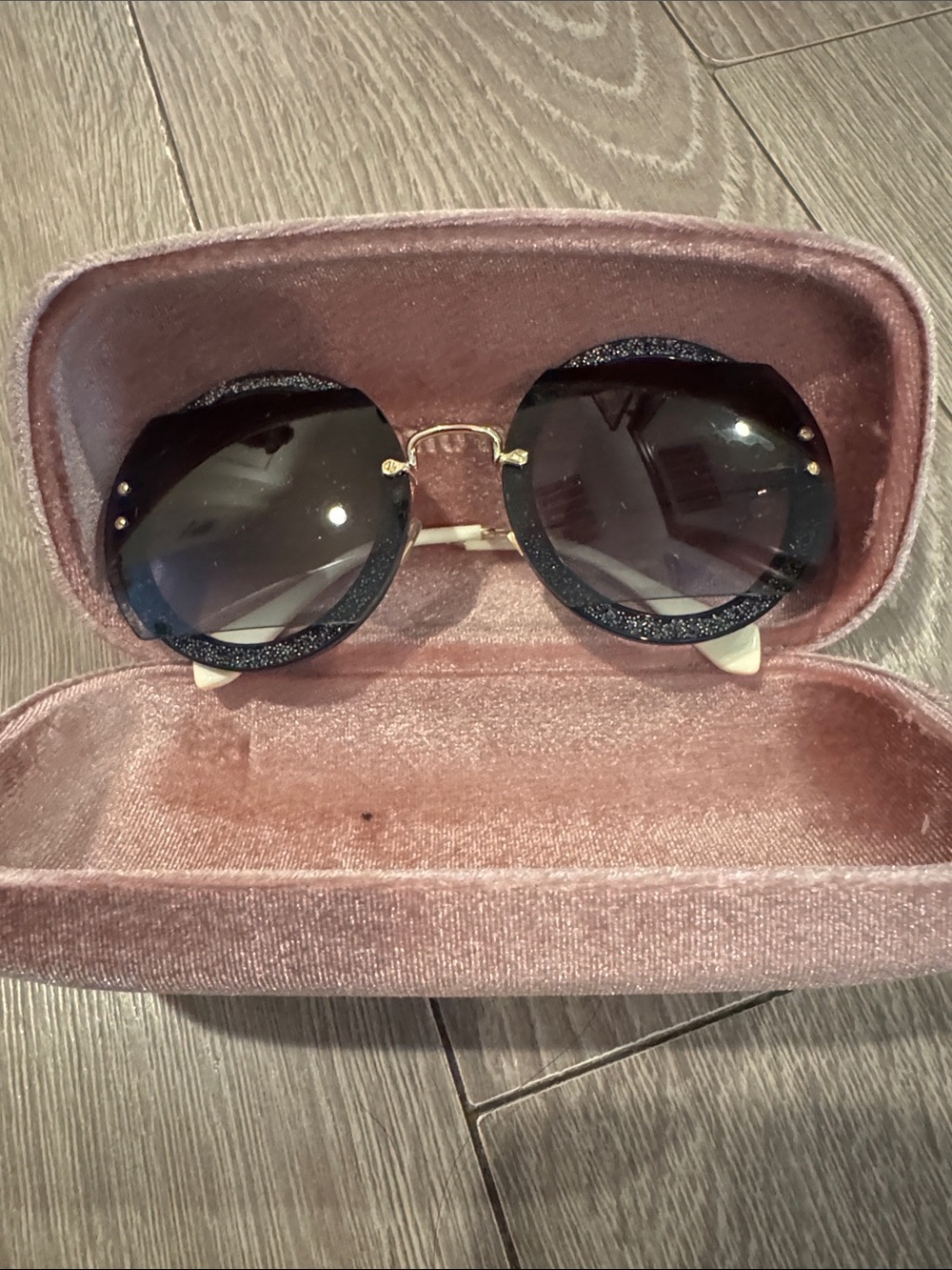 NWT Miu Miu Round Black Glitter Sunglasses with Gold Bridge - Women Accessories